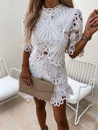 Women's Tracksuits Two Pieces Sets Women Sexy Lace Hollow Out Shirt with Mini Shorts Fashion Outfits Summer Puff Sleeve Suit P230307