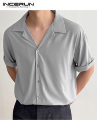 Men's Casual Shirts INCERUN Men Casual Shirt Lapel Short Sleeve Button Streetwear Summer Men Clothing Solid Colour Korean Fashion Shirts S-5XL 230321