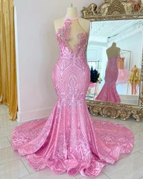 2023 Prom Sparkly Pink Sequin Halter Neck Birthday Women Party Gowns Backless Robes De Bal Long Evening Dresses