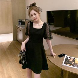 Casual Dresses 2023 Summer French Retro Dress Waist Slimming Temperament Mesh Stitching Little Black Woman