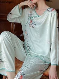 Women's Sleepwear Chinese Style Printed Pajama Sets Women Loose S-4XL Vintage Leisure Designed Elegant Ladies Spring Sleepwear Thin Chic Home 230321