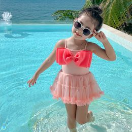 sweet Baby Girls big bowknot tulle one-piece swimsuits summer suspender gauze children skirt swimming kids SPA beach swimwear S2177