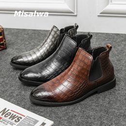 Misalwa Low Top Men Chelsea Boots Elegant Pointed Toe Retro Mens Boots Italian Party Men Shoe Crocodile Pattern Grey