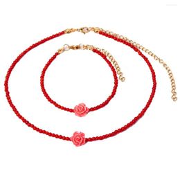 Necklace Earrings Set KBJW Romantic Beaded Choker Bracelet 3mm Red Coral Jewelry Stainless Steel Metal 18K Gold Plated For Girl