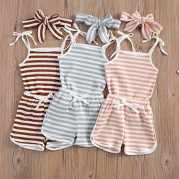 Clothing Sets 024M Newborn Baby Girls Boys 3Pcs Clothes Sets Striped Knitted Sleeveless Summer Sling Tops with Elastic Short and headband Z0321