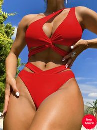 One Shoulder Bikini High Waisted Bikini Set Solid Women Swimsuit Female Swimwear Hollow Out Biquini Bathing Suit Beachwear