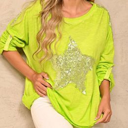 Women's Blouses Spring Adjusted Long Sleeve Women Fashion Glitter Sequin Star Patchwork Shiny Shirt Sexy Loose Tops Pullover