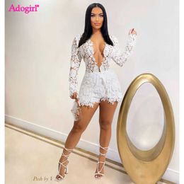 Women's Tracksuits Adogirl Hollow Out Lace 2 Piece Sets Women Sexy See Through Long Sleeve Cardigan Shirt Top And Shorts Fashion Party Suits P230307