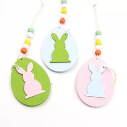 Easter Wooden Hanging Pendant DIY Solid Colour Egg Bunny Shaped Hanging Ornament Happy Easter Home Decoration RRA
