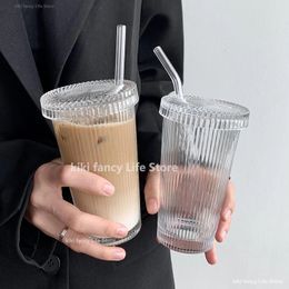 Tumblers 375Ml Simple Stripe Glass Cup With Lid and Straw Transparent Bubble Tea Juice Beer Can Milk Mocha s Breakfast Mug 230320