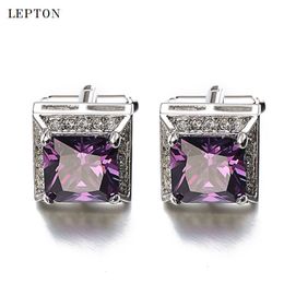 Cuff Links s Purple AAA Zircon Cufflinks Luxury Brand High Quality Crystal Groom wedding cuff links for mens With Gift Box gemelos 230320