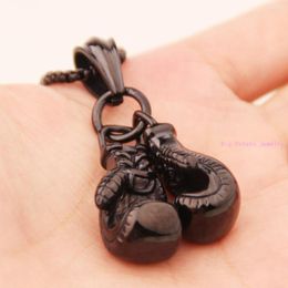 Pendant Necklaces Fashion 2pcs Boxing Glove Black Stainless Steel Necklace For Cool Men's Jewelry 31mm 14mm Free 23.6" Box Chain