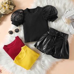 Clothing Sets Fashion Toddler Baby Girls Clothes Outfit Mesh Short Sleeve Tshirt Tops Bandage Leather Shorts Two Piece Summer Clothing Set Z0321