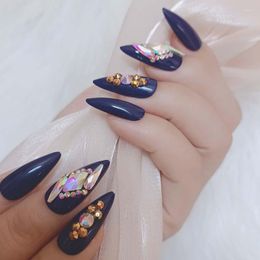 False Nails 24pcs The Latest Style Pointed Candy Colour Crystal Diamond Fake Blue