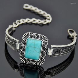 Link Bracelets Charming Tibetan Style Vintage Silver Square Stone Bracelet Watchband Bangle Girl Womens Gift MB167