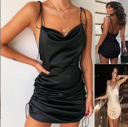 Casual Dresses 2023 Summer Suspender Sexy Backless Nightclub Lace Up Pleated Female Night Club Tight Mujer Vestido