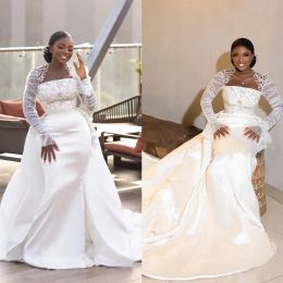 202 Mermaid Wedding Dresses Bridal Gown With Overskirt Long Sleeves Lace Applique Beaded Ruffles Bateau Satin Custom Made Country Plus Size Vestido De Novia 403