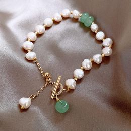 Strand Beaded Strands Real Gold Plating Baroque Freshwater Pearl Green Stone Bracelet Korean Girlfriends Sisters Shaped Wholesale