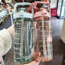 Water Bottles 2L Outdoor Large Capacity Portable Transparent With Bounce Cover Time Scale Reminder forSports Fitnes 230320