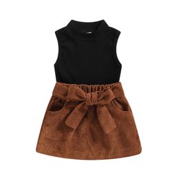 Clothing Sets Kids Girls Summer Clothes Suits Solid Color Ribbed Sleeveless Crew Neck Tank Tops and Bowknot Belt Short Skirts 2Pcs Set Z0321