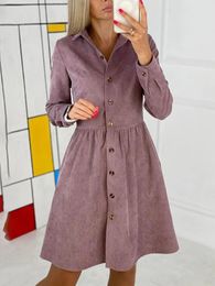 Casual Dresses Autumn Retro Corduroy Khaki Midi Dress Female Casual Turn-down Collar Single Breasted Solid Shirt Dresses For Women vestidos 230321