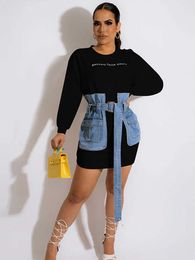 Women's Tracksuits Women Full Sleeve Jean Patchwork Short Dresses Female Autumn Casual Bodycon Denim Sweatshirt 2022 New Fashion Streetwear P230307