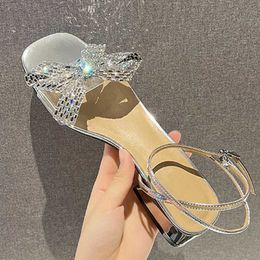 Sandals Crystal Bow-Knot Sandals Women Silver Low Heels Shoes Transparent Narrow Band Flipflops Ladies Slingback Gladiator Sandalia 2022 G230321