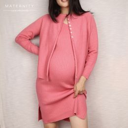 Sleep Lounge CARECODE Maternity Two Piece Dress Set Long Sleeve Button Knit Cardigan Top And Soft Slit Midi Sweater Pregnancy Clothes 230320