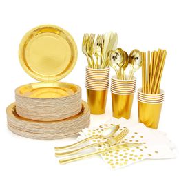 Other Event Party Supplies Gold Disposable Party Cutlery Disposable Set Gold Party Cutlery Paper Plate Napkin Cup Gold Plastic Fork Knife Spoon 230321