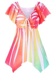 Casual Dresses Summer Female Swimwear Block Colour Stripes Short Sleeve Drawstring High Waist Woman Beach Dress Irregular Holiday Clothes