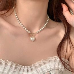 Pendant Necklaces Korean Fashion Pearl Heart Pendant Necklace Ladies Gold Plated Shell Bead Choker Necklace Female Boho Kawaii Y2K Jewellery Gift Z0321
