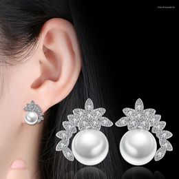 Stud Earrings Fanqieliu Silver Colour S925 Stamp Vintage Leaf Zircon Pearl For Woman Luxury Jewellery Girl Gift FQL21057