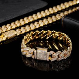 Charm Bracelets 14mm Bling Iced Out Cuban Zirconia Cuban Miami Prong Link For Women Men Hip Hop Street Bracelets Jewellery 230320