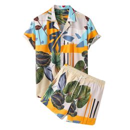 masculino de manga curta botão gráfico para cima 2 peças de praia causal cenas de praia combinando camisa havaiana e