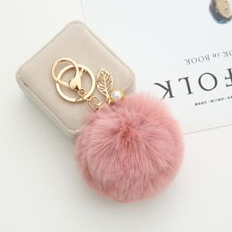 Keychains 23 Colors Trinket Fluffy Artificial Fur Ball Key Chain Pompons With Leaves For Women Car Bag Ring Jewelry Gift EH1003