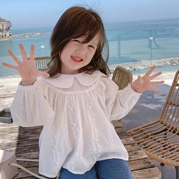 Kids Shirts Girls White Lace Blouse Autumn Korean Fashion Children's Cute Casual Turn-Down Collar Long-Sleeve Shirts WTB43 230321