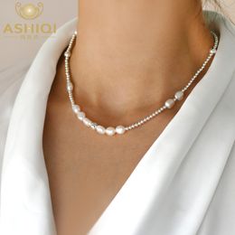 Beaded Necklaces ASHIQI Natural 7mm Baroque Pearl Choker Necklace 925 Sterling Silver Jewellery for Women Trend 230320