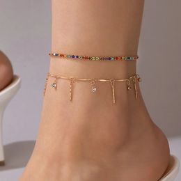 Luxury Colorful Rhinesyone Tassel Anklets for Women Charms Gold Color Alloy Metal Foot Chain Jewelry 2pcs/sets