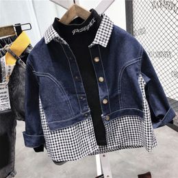 Kids Shirts 2-6yrs Fashion Baby Boys Girls Denim Shirts Spring Autumn Boy Children's Patchwork Plaid Shirts Korean Kid Denim Shirts 230321