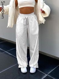 Women's Pants Capris Sweetown White Casual Baggy Womens Joggers Sweatpants Contrast Stitching Stripe Drawstring Elastic High Waist Hippie Harem Pants 230321