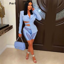 Women's Tracksuits Perl Long Sleeve Lace Up Bandage Asymmetrical Top Sheer Mesh Patchwork Shorts Women Notched Solid Blazer Suit 2 Piece Sets P230307