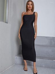 Casual Dresses InGrily Elegant Maxi Dress For Women Solid One Shoulder Sheath Sleeveless Body-Shaping Long Party Clubwear Female