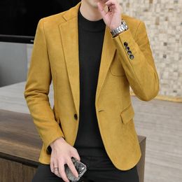 Men's Suits Men Yellow Vintage Suit Blazer Oversize Suede Fabric Blazers Plus Size 4xl 3xl Casual Green Button Up Coat Male Jacket