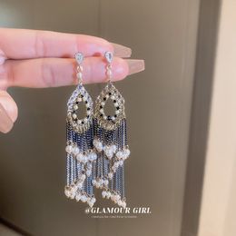 Silver Needle Diamond Pearl Zircon Chain Chandelier Earrings Water Drops Long Tassel Earrings French Vintage Jewellery