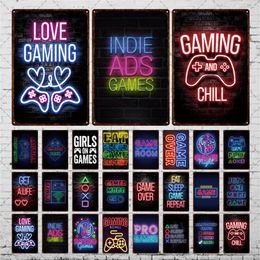 Neon Game Sign Metal Painting Game Chill Wall Stickers Game Slogan Tin Sign Metal Poster for Game Room Man Cave Retro Style Decor 30X20cm W03