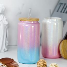 New arrival! 16oz Sublimation tumblers glitter glass can with bamboo lids and straws Rainbow Paint Gradient Tumbler water cups By Express A0097