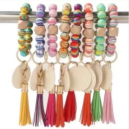 Bead Wood Bracelet Jewellery Leopard Grain Tassel Colourful Hand Beaded Bracelets Bangle Rainbow Fringe Wrist Key Ring Keychains Pendant Bag Accessories RRA