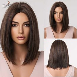 Synthetic Wigs Easihair Brown Short Bob Synthetic Wigs Blonde Highlights with Bangs Natural Hair for Black Women Cosplay Heat Resistant 230227