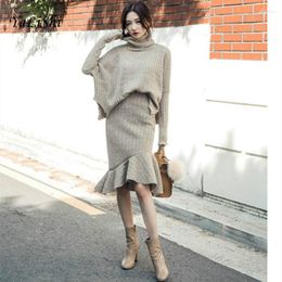 Work Dresses 2 Piece Set Women Grey Khaki Full Batwing Sleeve Turtleneck Korean Autumn Sweater Top And Vintage Skirt Two Vestidos