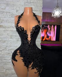 Little Black Prom Dresses For African Women 2023 Applique Lace Party Gowns Sleeveless Vestido De Graduacion Customise Cocktail Dress